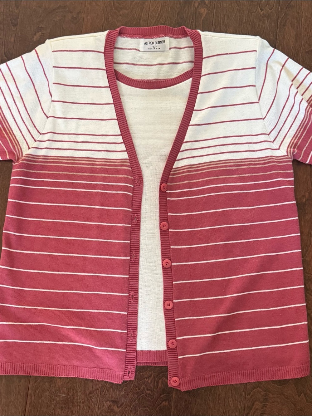 Alfred Dunner Ladies Coral Pink & White Striped Button Cardigan